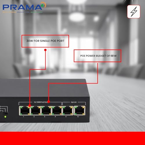 Image of Prama Prama PT-SW1U06P-E 100 Mbps Network PoE Switch, 4 PoE Ports + 2 Uplink RJ-45 Ports