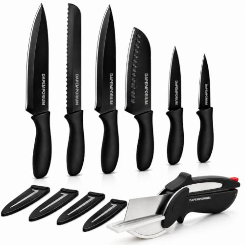 Image of 6 Pcs Kitchen Knife Set with Slicer Cutter (7 Pcs Set) | Stainless Steel Black Coated Blade with Cover & Multipurpose Slicer Cutter for Vegetable, Fruit & Food Cutting | Cooking Knive for Kitchen Use