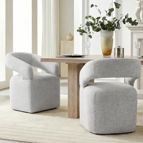 Image of KISLOT Upholstered Dining Chairs Set of 1, Modern Arm Kitchen & Dining Room Chairs with Hidden Casters, Linen Fabric Padded Rolling Chairs, Sturdy Wood Frame, 300 lbs Capacity, Light Grey