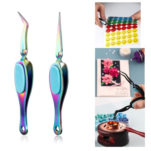OTCRAFT 2Pcs Reverse Tweezers Craft Tweezers Crossing Lock Tweezers Reverse Grip Precision Curved Bent Straight Tweezers Fine Tip for DIY Craft Rhinestones and Small Embellishments