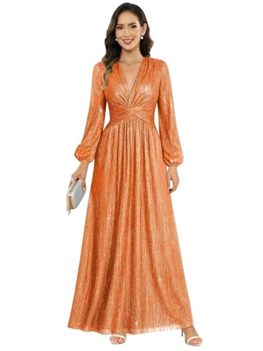 Image of Women's Formal Wedding Guest V Neck Glitter Sequins Mother of The Bride Dresses Long Sleeve