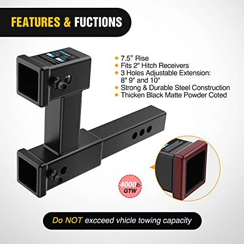 Image of Nilight Dual Hitch Extension with Bolt Nut Kit Fits for 2 inch Receiver Extender to 10 inch Max Length Adjust 7-1 /2 inch Riser or Drop 4,000 lbs GTW