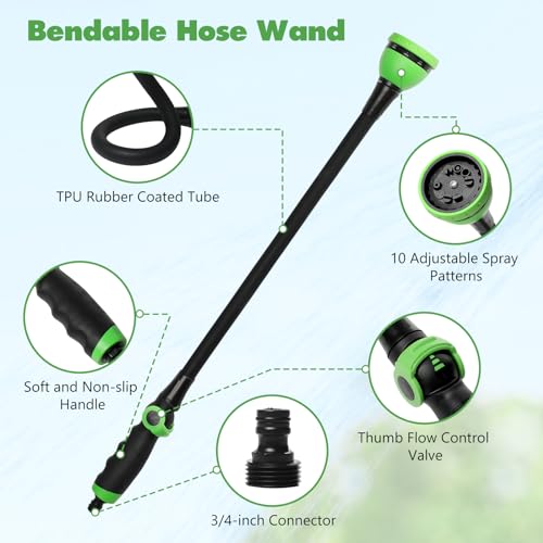 BicycleStore Watering Wand, Bendable 27inch Garden Hose Wand with 10 Adjustable Spray Patterns and Thumb Flow Control, Long Hose Nozzle Sprayer for Hanging Baskets, Shrubs, Garden and Lawn