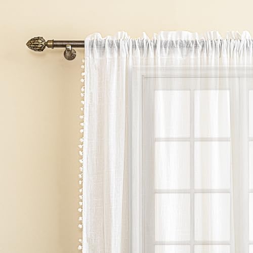Image of HOMEMONDE Cotton Sheer Curtains Door 7 Feet Sun Light Filtering Curtain with Rod Pocket, Both Sides Pompoms, Pack of 1 - (White, 84 Inch)