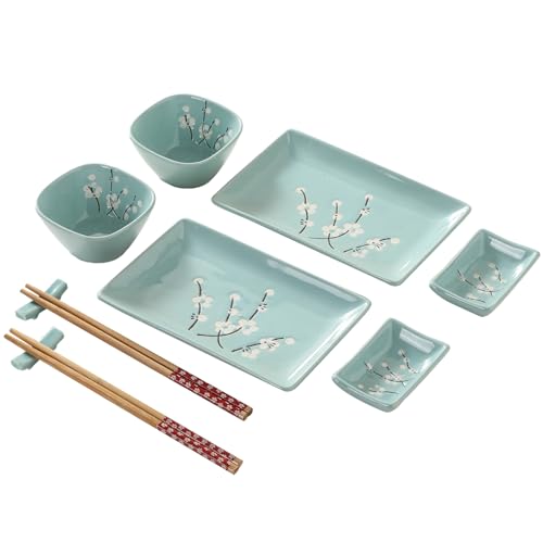 Mocerakai 10 pcs Japanese Sushi Plate Sets Serving Platters and Trays for Entertaining Sushi Dishes Set Plates Sushi Plates Traditional Cuisine Dinnerware Sets with Chopsticks Blue Plum