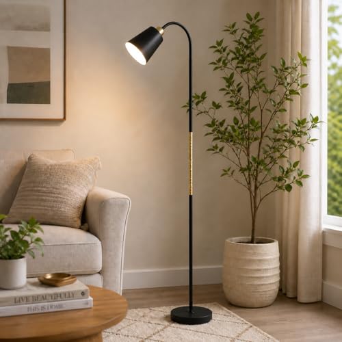 BURAKH Modern Metal Floor Lamp with Adjustable Head - Tall Standing Reading Light for Living Room Bedroom Office Study - Bright LED Compatible Task Lamp with Sturdy Base (Black)