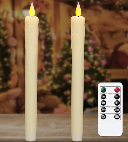 Image of KSWING Upgraded Real Wax LED Flameless Taper Candles with Remote, 2 PCS Ivory Dripping Candlesticks Battery Operated 3D Flickering - 9.6 inch Long Realistic Fake Candle Sticks for Home /Wedding /Xmas Decor