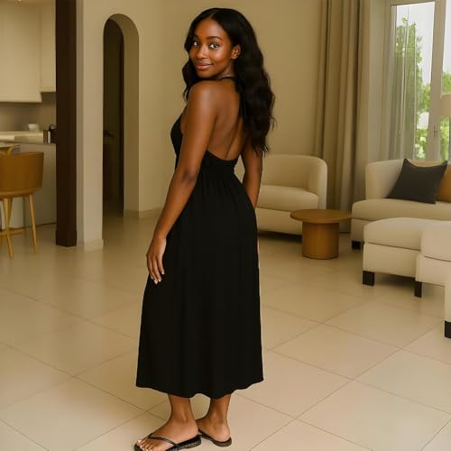 Image of Womens Backless Dress Sexy Halter Deep V Neck Maxi Dresses Sleeveless Long Cocktail Dress with Slit