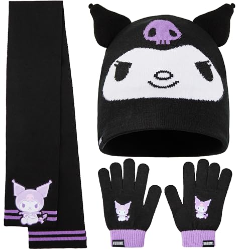 Hello Kitty Sanrio 2pcs Beanie Gloves or 3pcs Hat Gloves Scarf Knit Set for Girls Winter Gear Kawaii Gifts for Girls (Black Kuromi 3 Pcs)