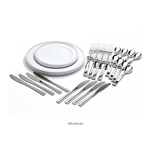 Mozaik Premium Plastic Silver Banded Service For 8 With Assorted Cutlery, 40 Pieces #TOP7