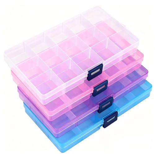 Image of IOOLEEM 15 Grids Plastic Bead Organizer Box, Multi-color Organizer Container Storage Box, Adjustable Dividers for bead arts and crafts.(4 Pack)