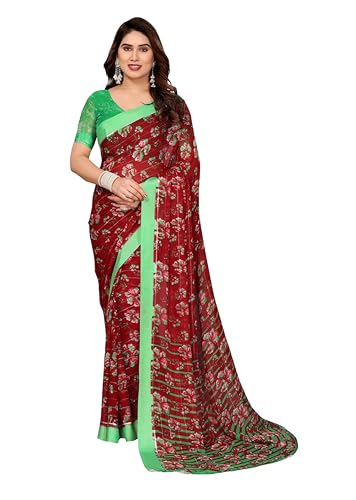 ETHNICMODE saree indiano donna Printed Georgette Light Weight Party Red sari indiani donna Green Blouse Piece-1239