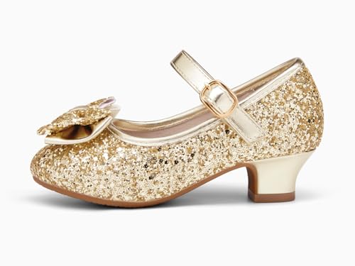 Image of Haloumoning Girls Dress Shoes Mary Jane Heels Flower Girl Shoes Bow Glitter Princess Wedding Party Pump Shoes