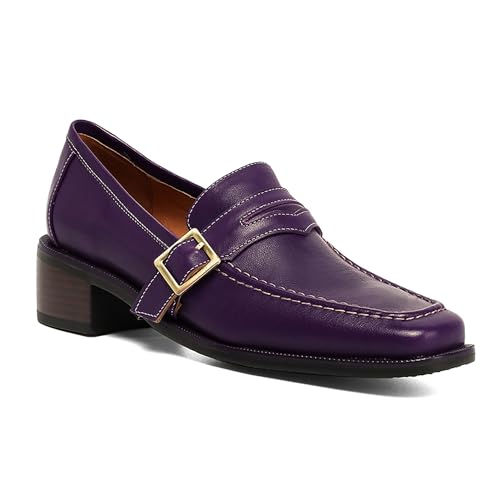 Image of MOOMMO Women Chunky Heel Penny Loafers Square Toe Buckle Slip On Comfort | Office Ladies Loafer Pumps 2 inch Stacked Block Heel Dress Loafers Oxfords Walking Dress Shoes Casual Size 4-11 M US