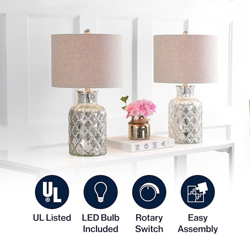 JONATHAN Y 24.5" Alvord Mercury Silver Quatrefoil Glass Table Lamp Set of 2, Contemporary Nightstand Lamps with Grey Linen Drum Shade, UL Listed, LED Bulbs Included JYL1075A-SET2 by JONATHAN Y - Image 5