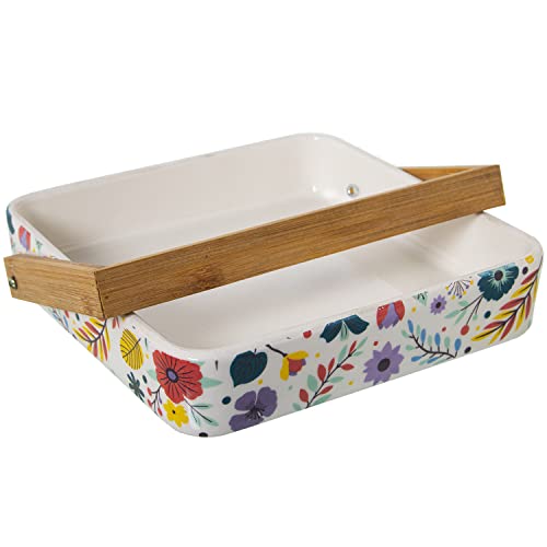 DRW Servilletero Cuadrados de cerámica con asa de Madera 18x18x4cm