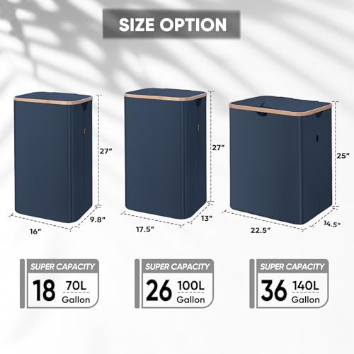 Image of BALEINE Laundry Hamper with Lid, Tall Laundry Baskets with Bamboo Pull Handles, Large Laundry Bin with Internal Support (36 Gal /140L, Blue)