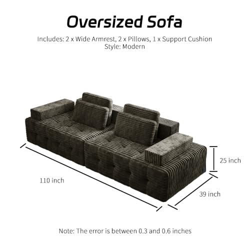 Image of 110 inch Modular Cloud Sofa, Oversized Corduroy Couch with Adjustable Headrests, Deep Seat Frameless Sofa, 2 Ottomans Not Included, for Living Room, Apartment