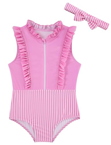Baby Girls Swimsuits Toddler One Piece Bathing Suits Cute Zipper Swimwear with Bow Headband 1-5T