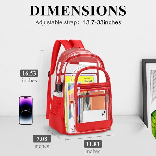 Image of KIMNERPU Clear Backpack, Heavy Duty PVC Transparent Backpack with Reinforced Straps, See Through Multiple Pockets Large Capacity Bookbag for Concert Work Security Travel Festival (Red)