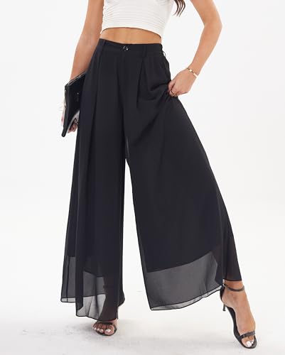 heipeiwa Women's Chiffon Wide Leg Palazzo Pants Flowy Casual Beach Party Dress Long Pants Trouser4