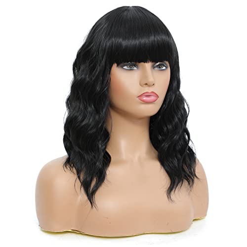 YBSNBEAUTY Short Wavy Black Wig with Bangs, Short Black Bob Wigs for Women Wavy Bob Wig with Bangs Synthetic Natural Looking Heat Resistant Fiber Wigs