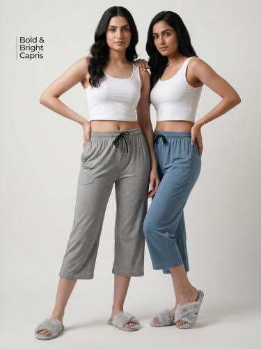 Image of Fflirtygo Women's Cotton Plain Calf Length Capri | Nightwear Short Pyjama | 3 /4th Solid Pyjama Pant | Regular Fit Casual & Lounge Wear Capri Combo (Pack of 2)