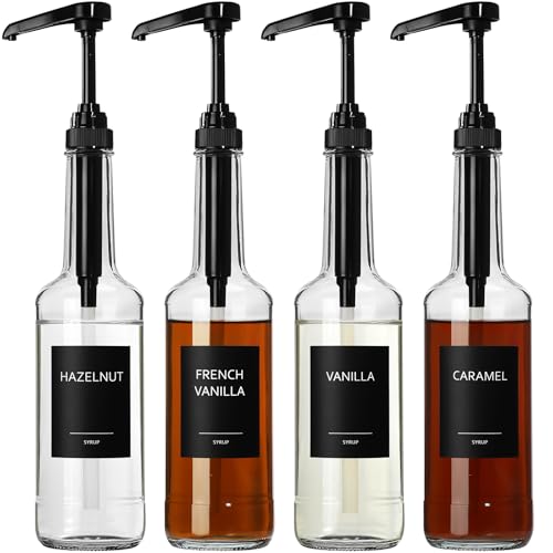 ALPIRIRAL Coffee Syrup Dispenser for Coffee Bar, 16.9 fl oz Glass Simple Maple Syrup Bottles with ¼oz Large Capacity Pump, Black Syrup Bottles for Coffee Bar Accessories, Home Bar Decor and Organizer