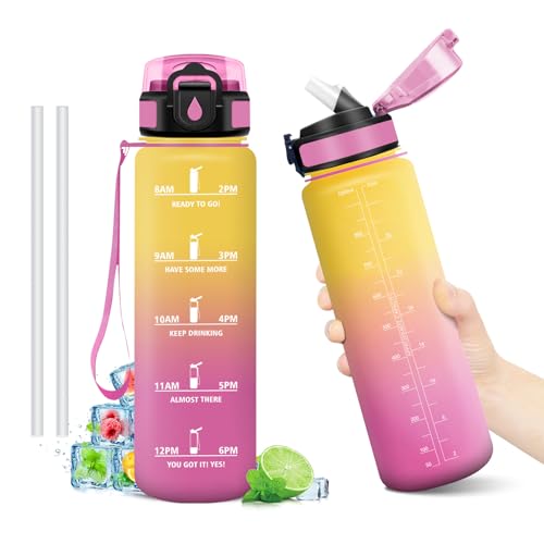 Wasserflasche 1L, Trinkflasche Kohlensäure Geeignet, Auslaufsicher, Trinkflasche mit Strohhalm,Sport Wasserflasche mit Zeitmarkierung, Sportflasche für Radfahren, Sprudel, Klettern, Bergsteigen