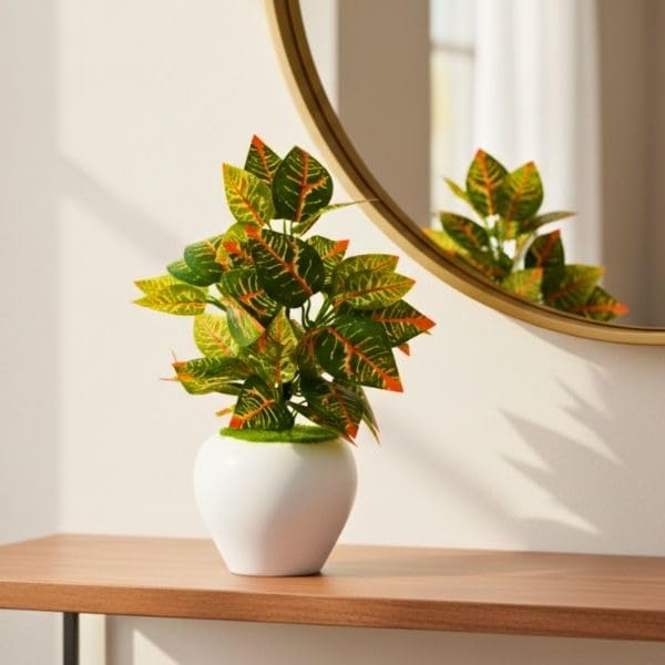 Image of fancymart Artificial Plant Leaves in Apple Pot (30 cm Height) | Small Potted Plant for Office Desk | Home Decor for Living Room | Cafe & Restaurant Table Decoration