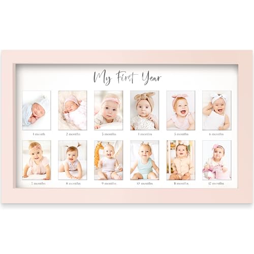 Image of My First Year Photo Frame,12 Months Baby Picture Frame for Newborn Girl, Boy-Baby Shower Gifts Keepsakes,Monthly Baby's One Year Birthday Milestone,1st Nursery Photo Collage Display Board (Petal Pink)
