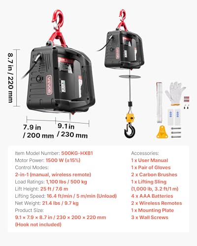 Image of VEVOR 2-in-1 Electric Hoist Winch, 1100 lbs Capacity, 1500W Portable Power Winch Crane, 25 ft Lifting Height, 16.4 ft /min with Manual and Wireless Remote Control for Factory, Warehouss, Garage