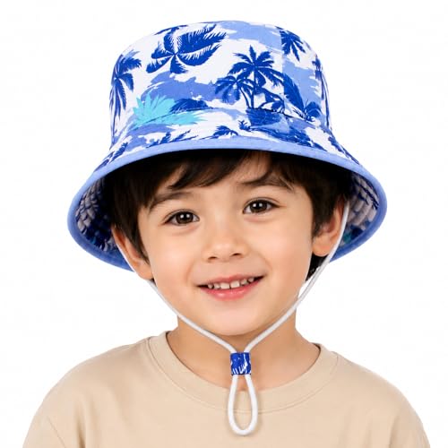 Image of VRITRAZ Unisex Kids Printed Bucket Hat | UV Protection Sun Hat with Adjustable Chin Strap & Summer Beach Travel Outdoor Cap for Toddlers & Children (4-12 Years)