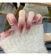 24pcs Press on Nails Medium Coffin Fake Nails Red Blue Ombre Glue on Nails Ballerina Stick on Nai...