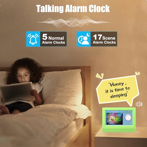 Image of Kids Digital Alarm Clock with Voice Scene Reminders, 7 inch Eye-Caring Display | Watercolor Wallpapers, Auto Dimming DST /Calendar Clock, Sleep Trainer Easy Setup Gift-Ready Box for Kids Birthday with Remote
