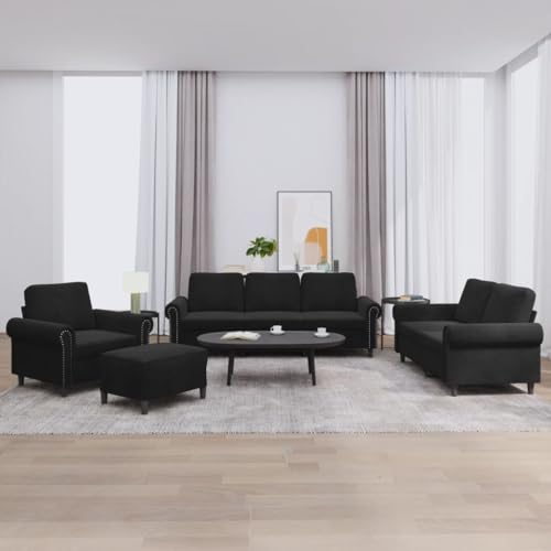 vidaXL Sofagarnitur 4-TLG., Sessel Couch mit Kissen Fußhocker, Sofa Wohnzimmersofa mit Armlehnen, Couchgarnitur Designsofa Sitzmöbel Polstermöbel, Schwarz Samt – Bild 3