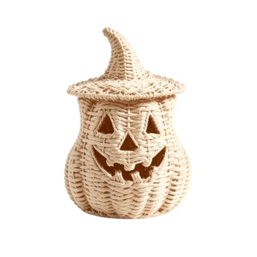 Wicker Pumpkin Lamp Halloween Decorations Rattan Lantern Pumpkin Candle Holder with Witch Hat Shape Lid