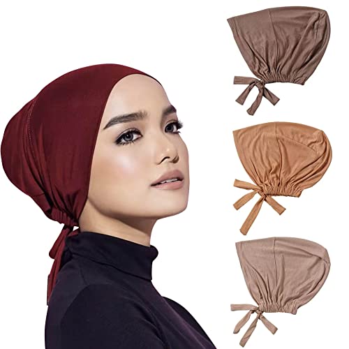 AKONNAS 4 Pcs Women Hijab Undercap Islamic Muslim Inner Beanies Cap with Tie Back Closure, Adjustable Underscarf Hat Chemo Turban Cap(Color#2)