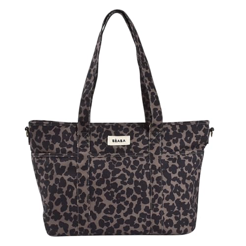 BÉABA, Sac à Langer Madrid Modulable 22L – Tote Bag Grande Capacité, Sac à Langer Bébé Maman Papa avec 11 Poches, Poche Isotherme, Attache Poussette, Tapis à Langer Matelassé, Léopard