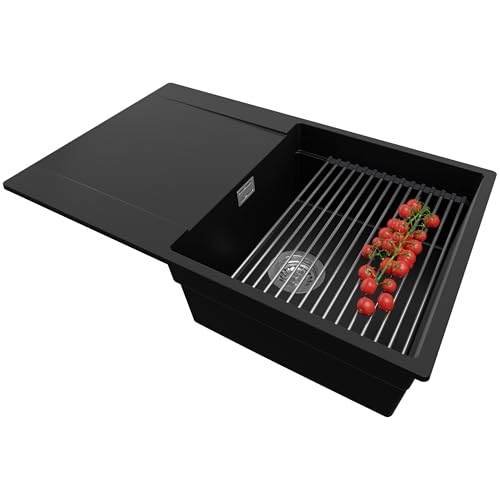 PRIMAGRAN Fregadero Cocina Negro 78x50cm, Granito 1 Seno + Sifón + Enrollable Escurridor, Sobre encimera al mueble 50cm - San Francisco S019