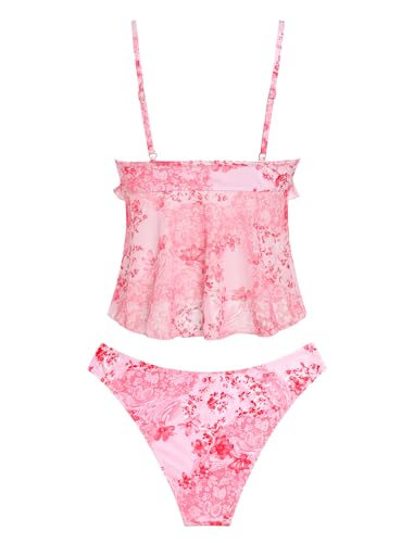 Image of ZAFUL Women's V Neck Mesh Ruffle Floral Tummy Control Bikini Swimsuit | Ajustable Straps, Sexy Plunging Neck, Relaxed Tummy Control Tank Top, High Cut Bikini Bottom, 2 Piece Bathing Suit