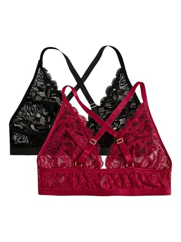 Image of MakeMeChic Women's Plus Size Lace Bralette Front Closure Bras Wireless Deep V Triangle Sexy Lace Bra