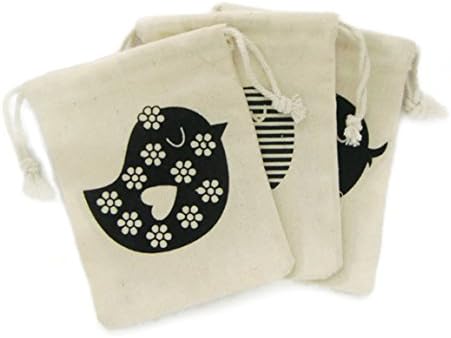 BUMOS Small-sized Unbleached Cotton Reusable Drawstring Gift Bags Wedding Party Gift Spice Bags Natural White 3 Pcs Little Bird, (BA1)
