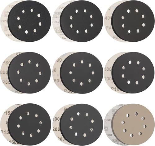 HWXINIE サンディングディスク 125mm 耐水ペーパー セット #120～3000番 マジック式 8穴 ランダムサンダー ペーパー (#120#240#400#600#800#1000#1500#2000#3000 ×各5枚)付属 曲⾯⽤アダプター×1,電動サンダー用 サンドペーパー,ヘッドライトの研磨 木工DIY作業に 金属磨き(46枚入)