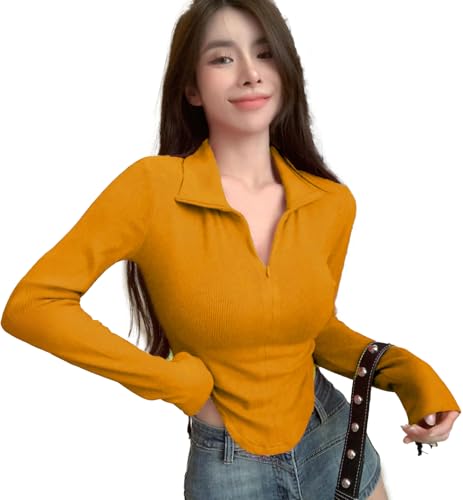 Image of Istyle Can Women's Top Solid Long Sleeve Ribbed Asymmetric Hem Casual T-Shirt with Zipper Collar. Full Sleeve, Rib Knit, Plain, Slim Fit