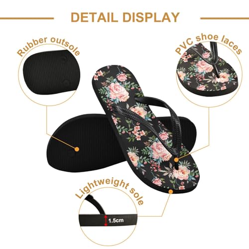 Sinestour Maple Leaf Sketch Orange Rose Blossom Leaves Black Flip Flops for Beach Thong Sandals Anti-slip Lightweight Beach Slippers for House Indoor Outdoor3