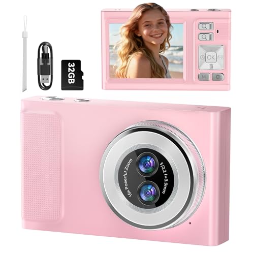 Digitalkamera, JDZ 4K Kamera Fotokamera 16X, Digitalkameras 1080P, Kompaktkamera mit 32 GB TF-Karte, Camera Digital, Foto Kamera für Kinder Teenager-Geburtstag, Weihnachten (Rosa)