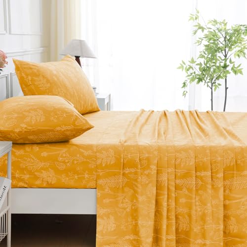 Image of 100% Natural Cotton Percale Sheets Set,Queen Size 4 PC, Breathable&Durable Hotel Quality Bedding, 16 inch Deep Pocket Botanical Floral Bedsheets,Yellow