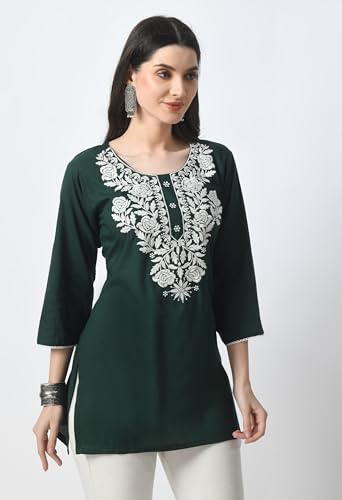 Image of LIBOZA Kurti for Women - Short Chikankari Kurtis for Girls, Lakhnawi Tunic Top Kurta Design for Ladies, Woman Ethnic Kurthis & Shirt with Sleeve