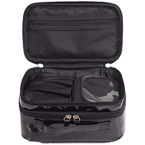 Xicennego Travel Makeup Train Case Makeup Cosmetic Case Organizer Portable Artist Storage Bag Large Double Layer PU Patent Leather Material waterproof storage cosmetic makeup brush(Black) Cover